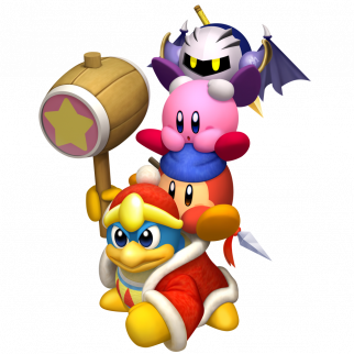 King Dedede with Waddle Dee on his back with Kirby on his back with Meta Knight on his back