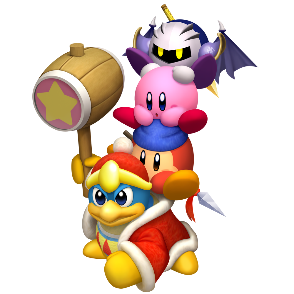 King Dedede with Waddle Dee on his back with Kirby on his back with Meta Knight on his back