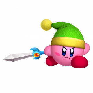 Kirby wearing Link's hat and holding a sword