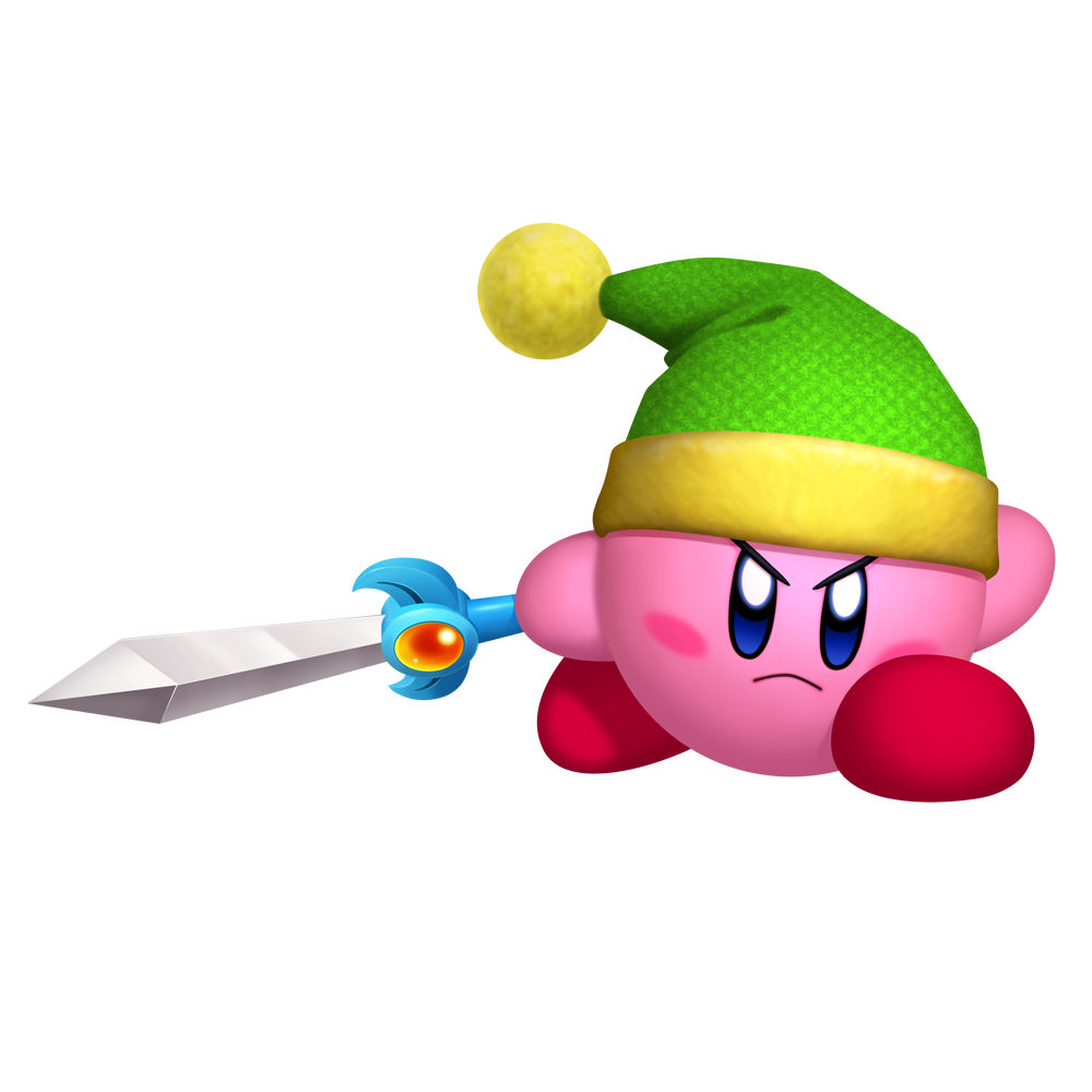Kirby wearing Link's hat and holding a sword