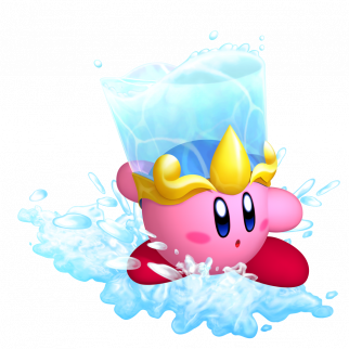Kirby with a bucket of water on his head