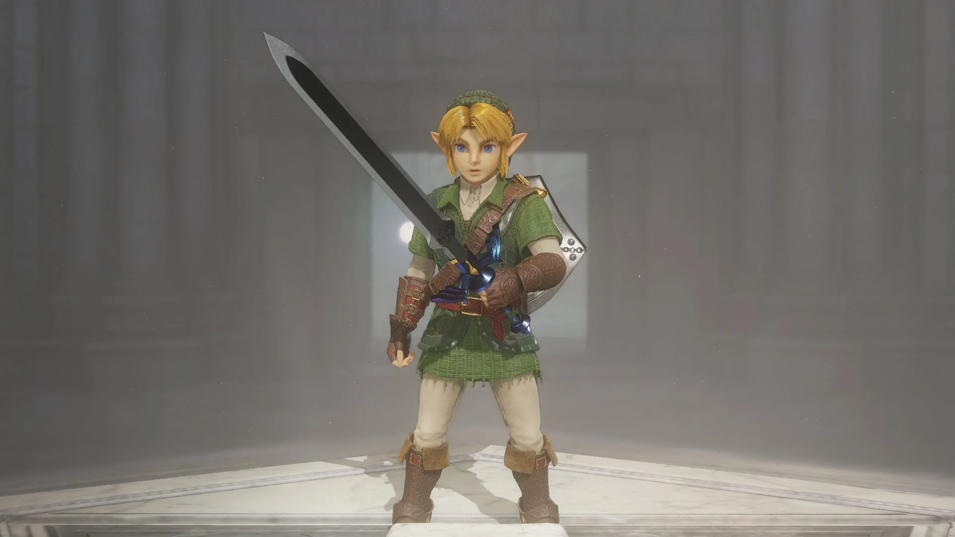 Adult Link in the Temple of Time holding the Master Sword, with a woven green tunic and tooled leather bracers