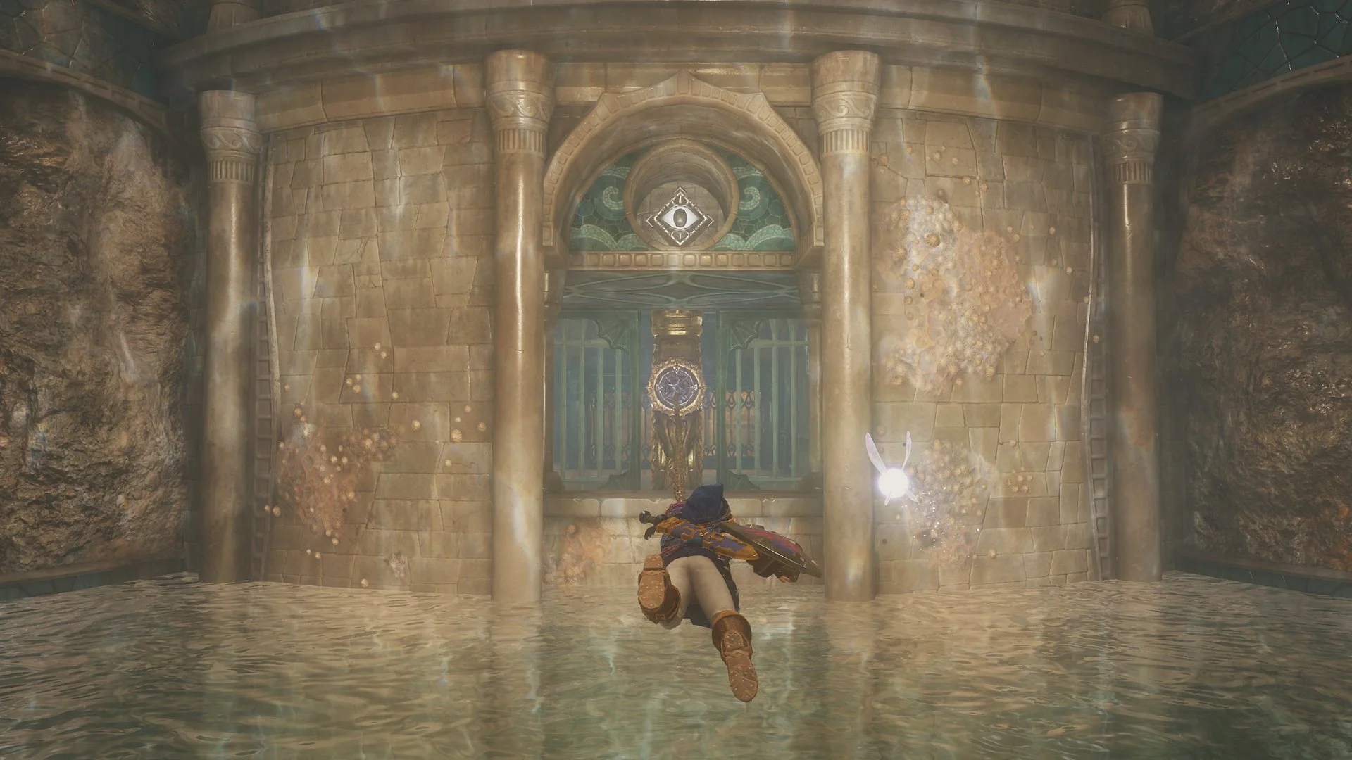 Adult Link swimming inside the Water Temple toward a barred shrine