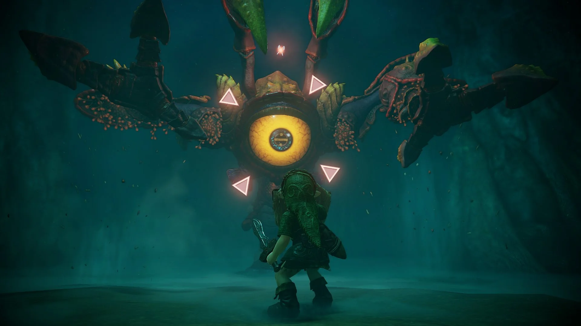 Young Link facing Queen Gohma, Navi targeting the giant eye