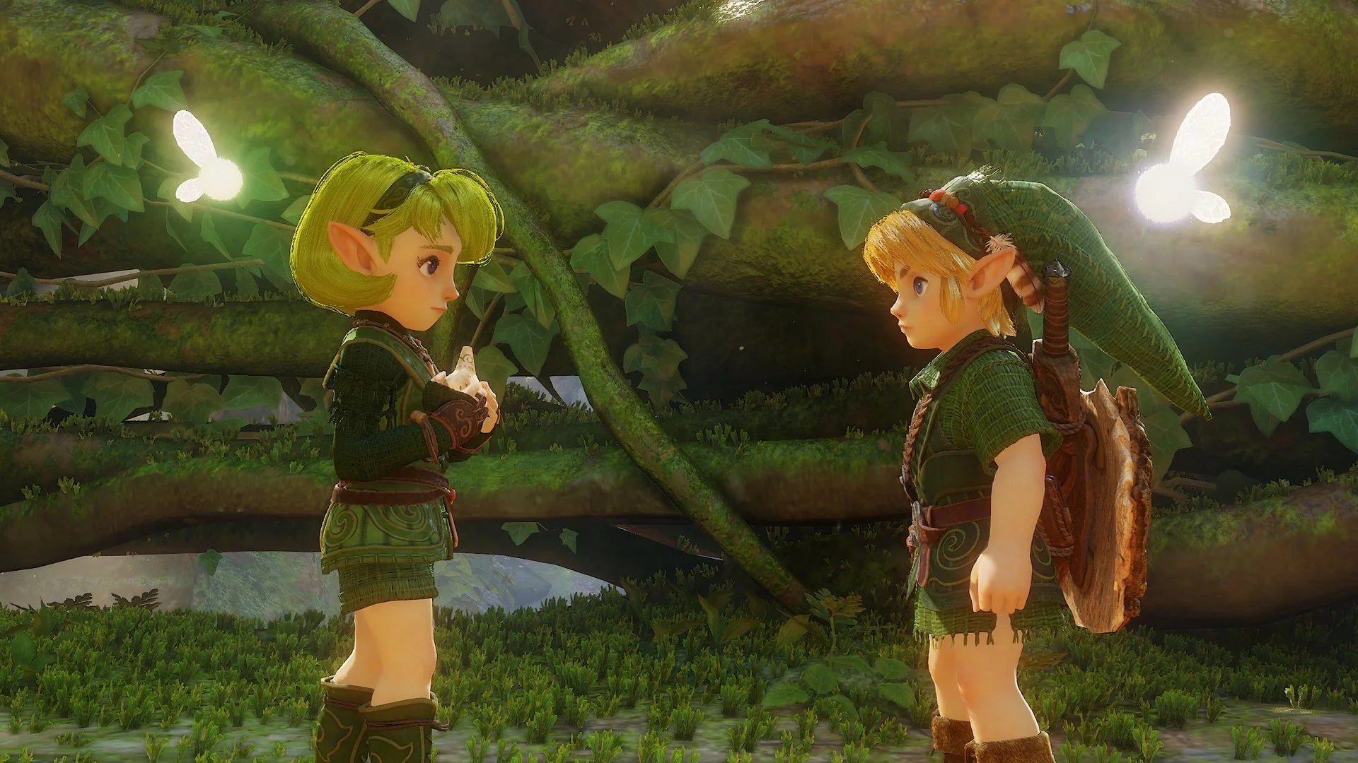 Saria and young Link facing each other on a mossy tree branch in Kokiri Forest