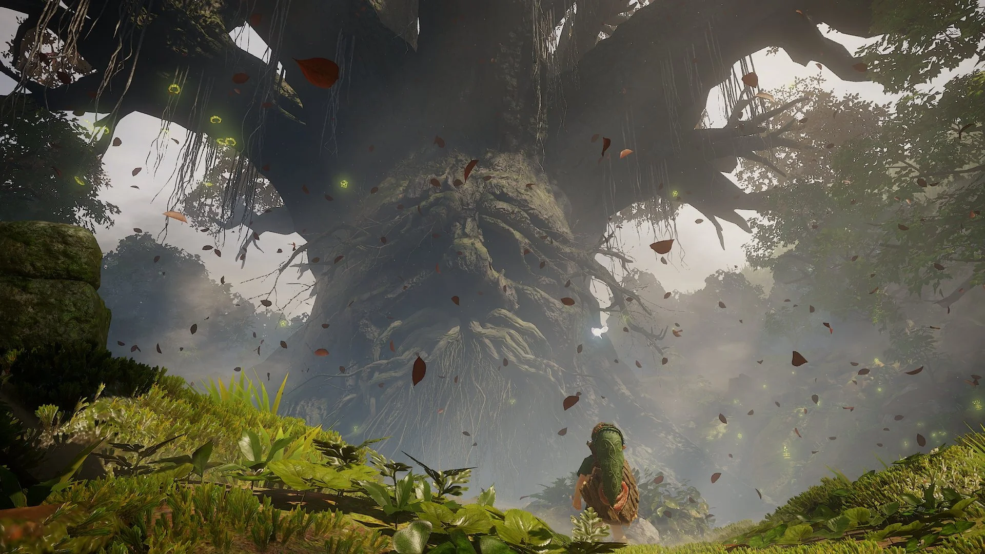 The Great Deku Tree filling the frame, with hanging roots, moss, and falling leaves