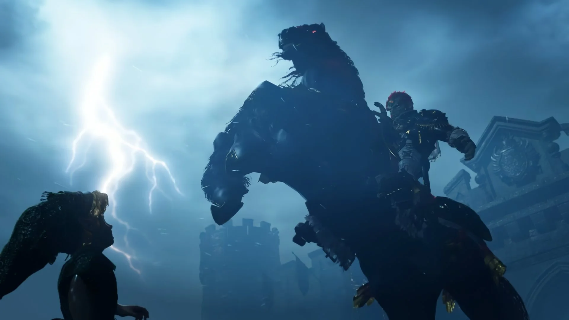 Young Link facing Ganondorf on horseback in a lightning storm outside Hyrule Castle