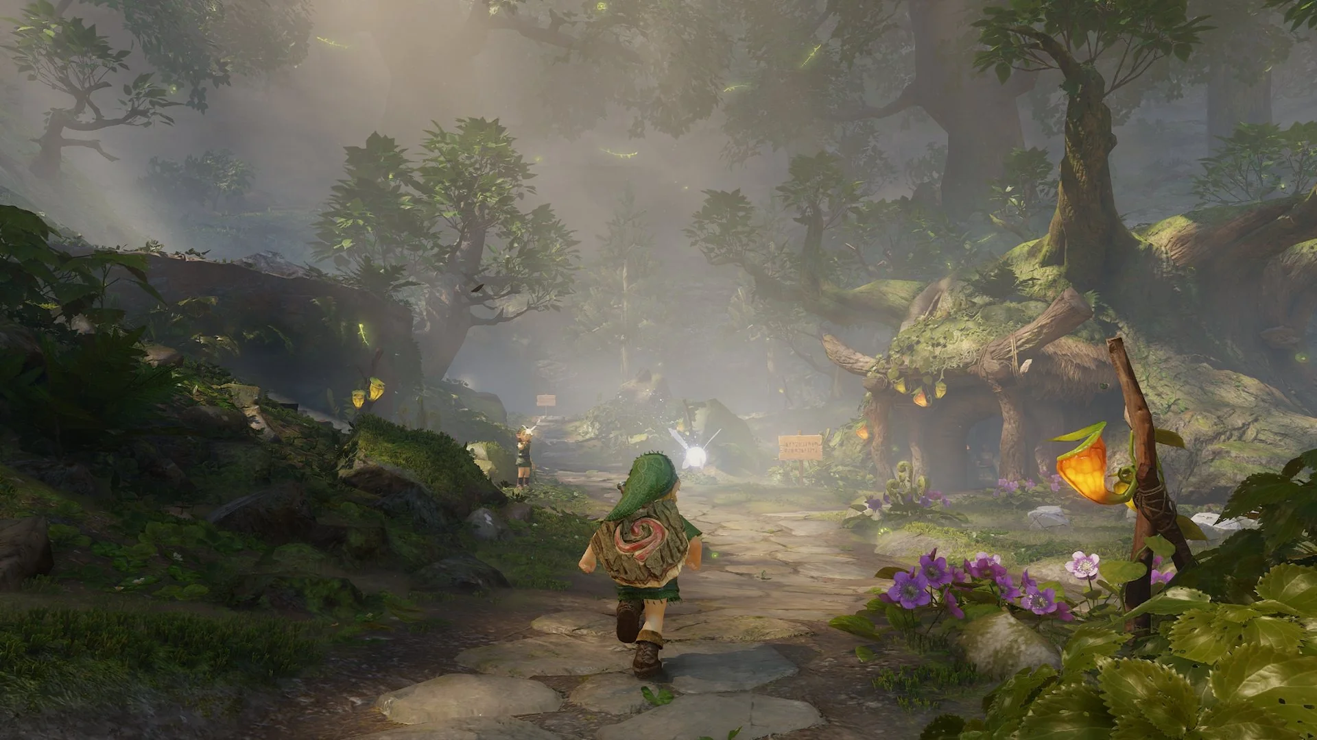 Young Link walking a stone path through a dense, misty Kokiri Forest