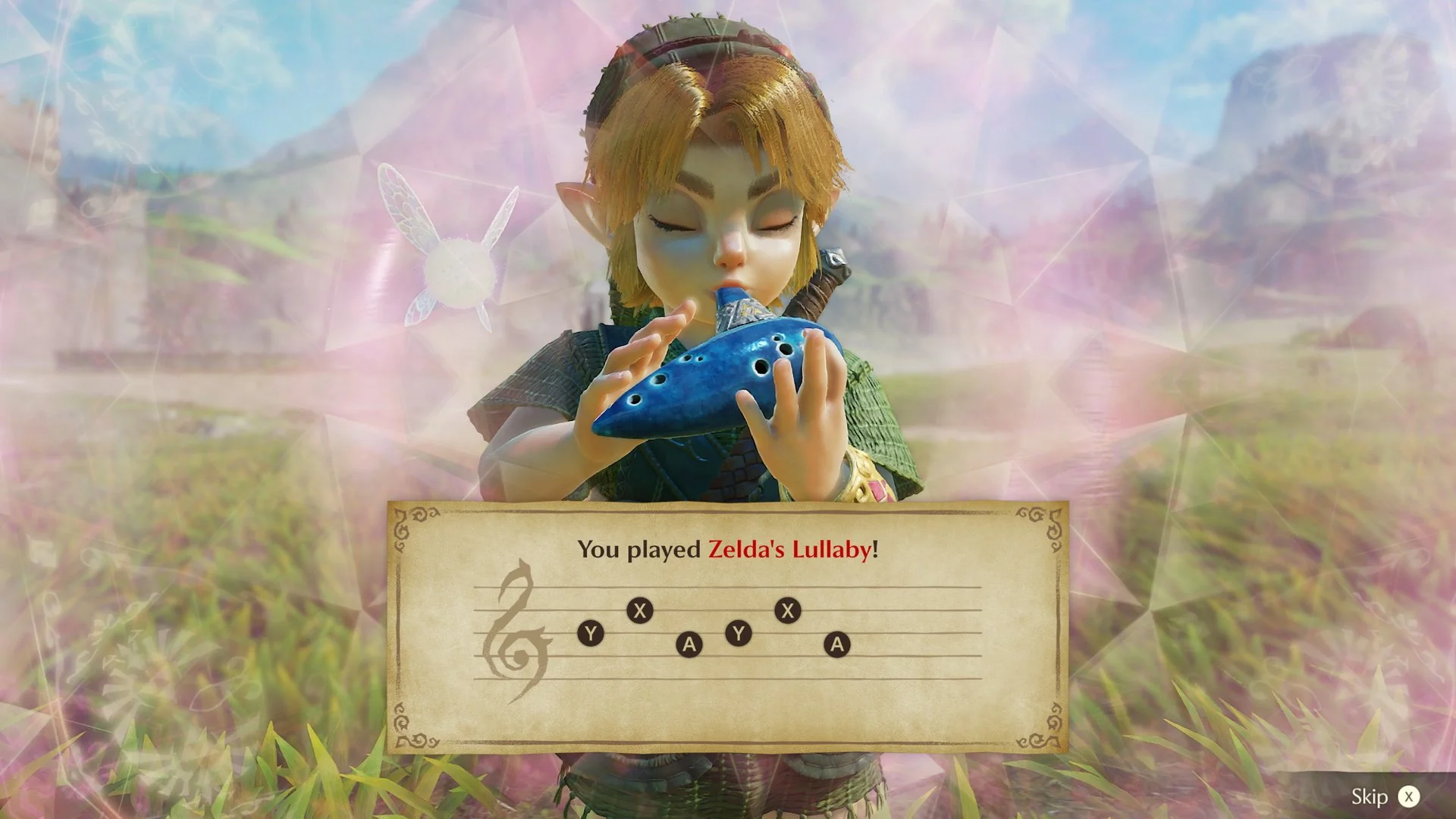 Young Link playing the ocarina as the game confirms Zelda's Lullaby