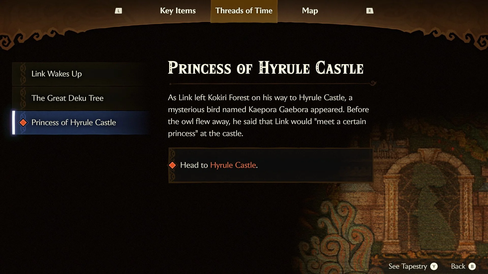 Threads of Time menu showing the Princess of Hyrule Castle objective and a filling tapestry