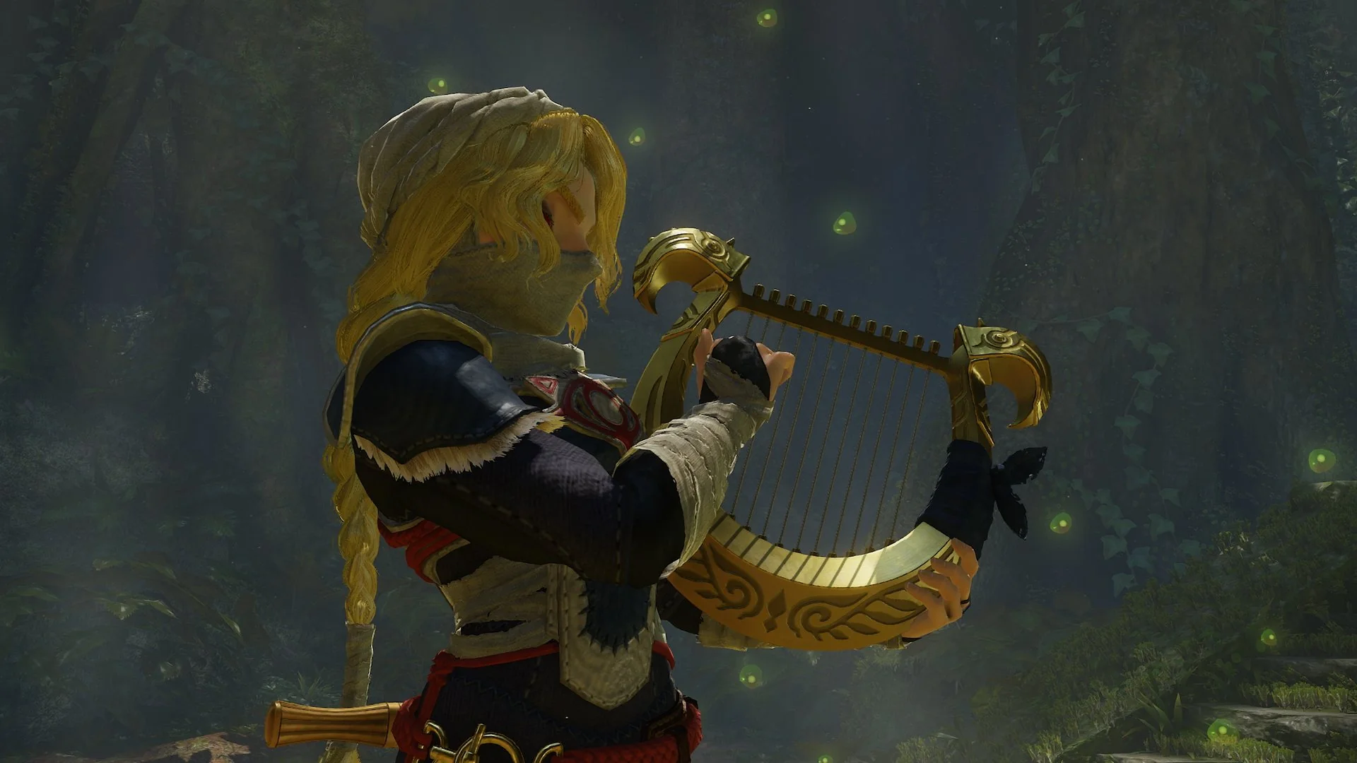 Sheik in profile playing the harp in a dark forest