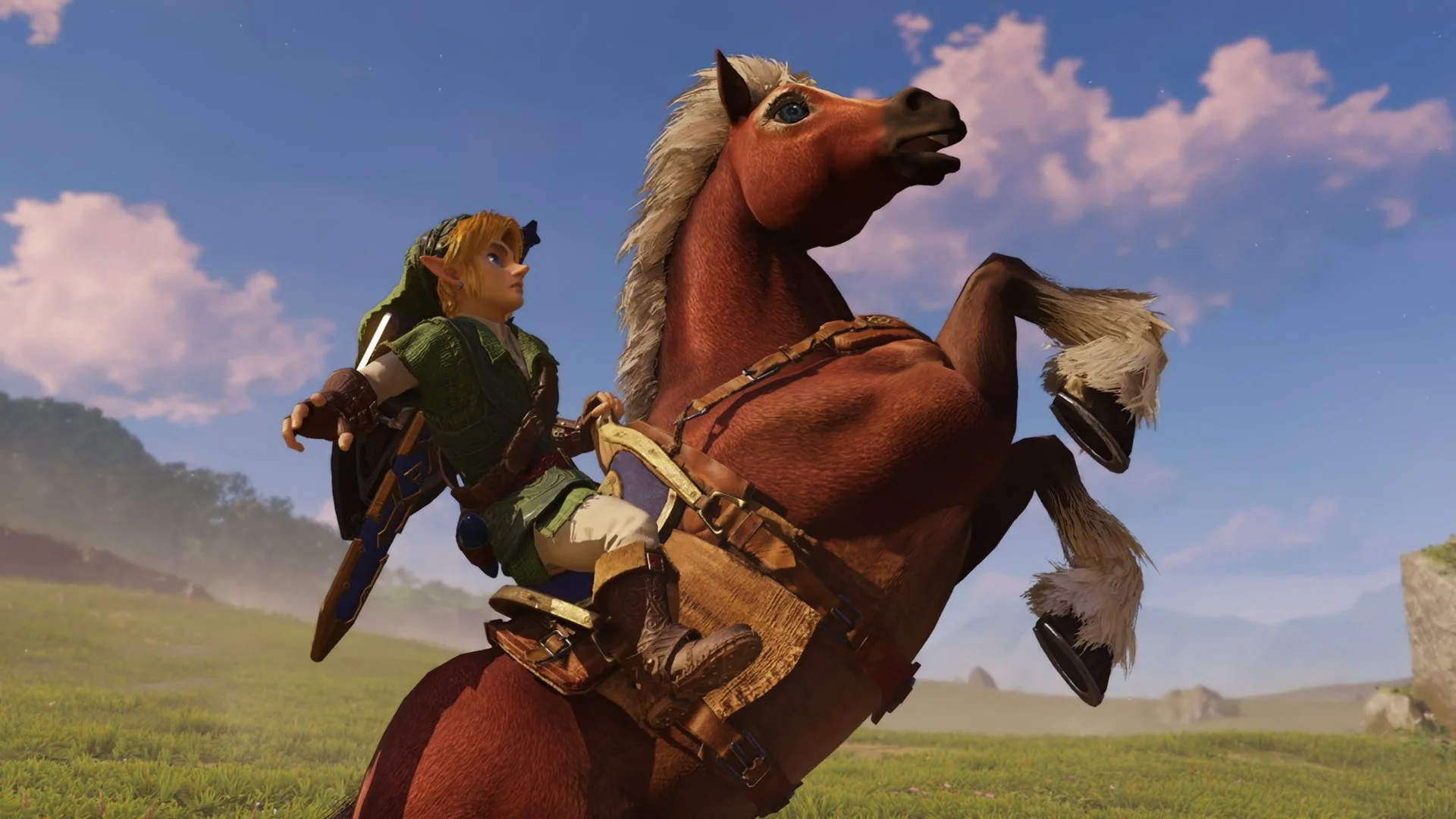 Adult Link on a rearing Epona in Hyrule Field