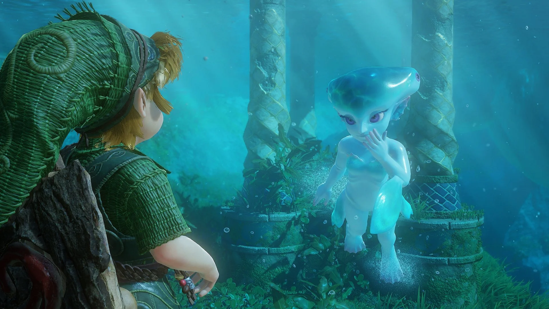 Young Link in a woven green tunic facing a translucent blue Zora underwater