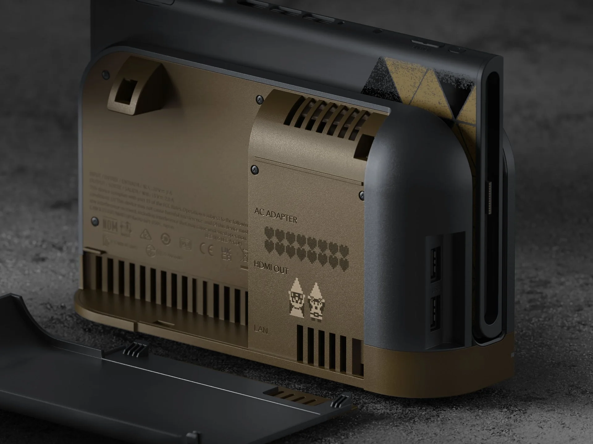 Back of the Zelda 40th Switch 2 dock with NES Zelda heart and sprite engravings