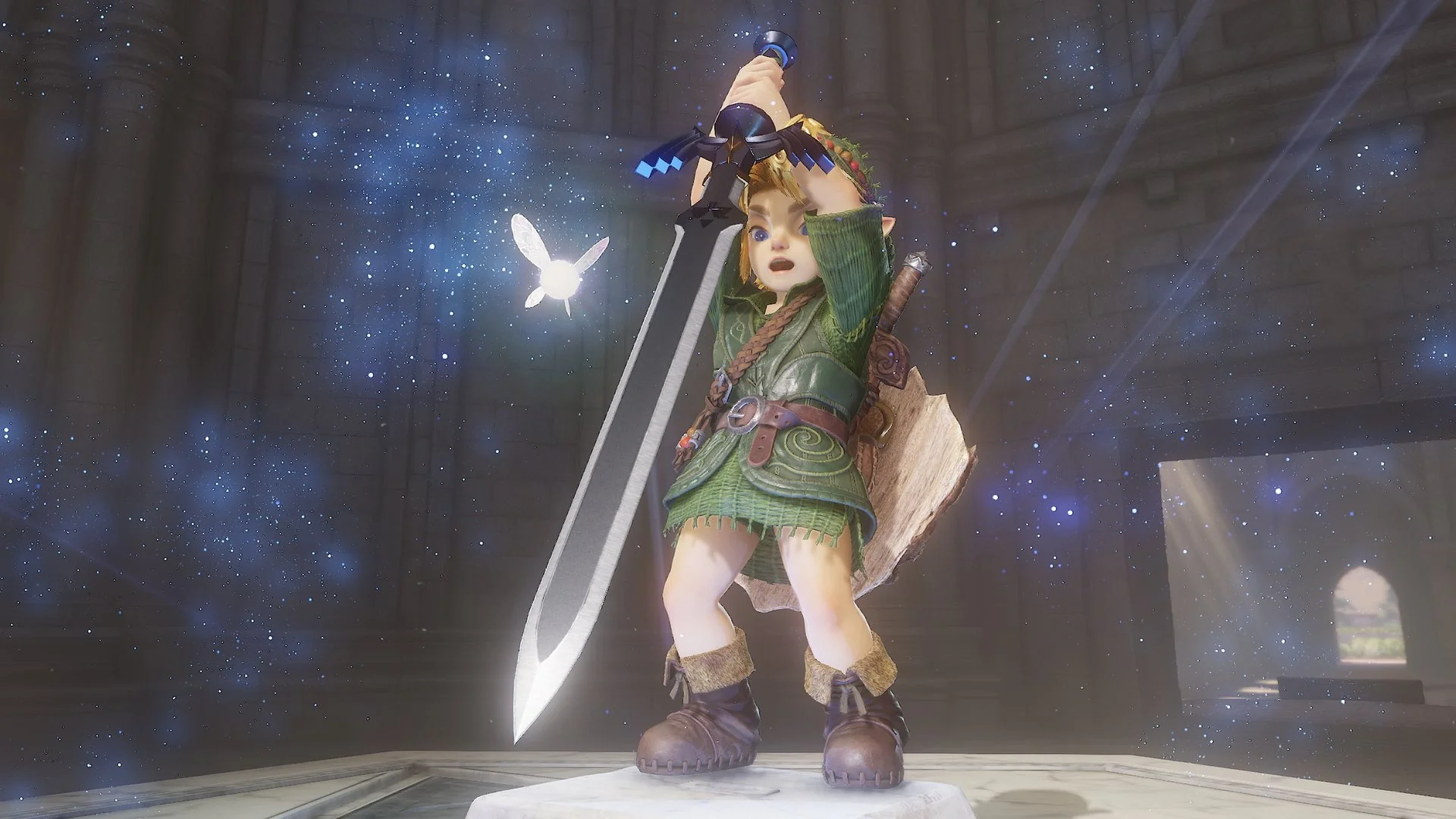 Young Link raising the Master Sword in the Temple of Time
