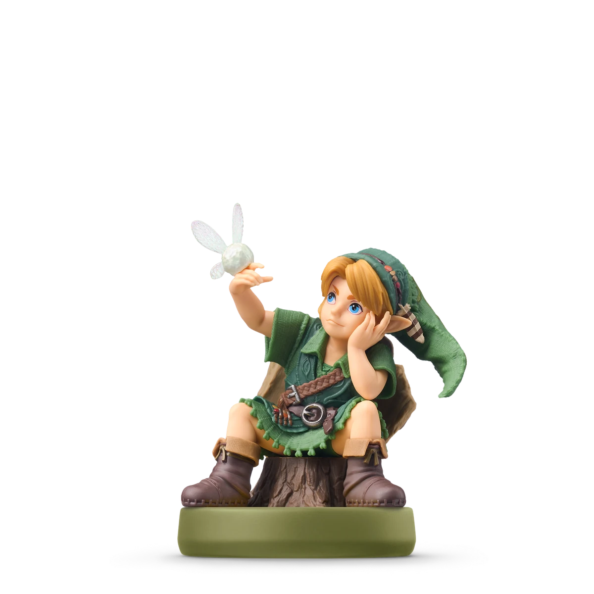 Young Link amiibo seated on a stump holding Navi