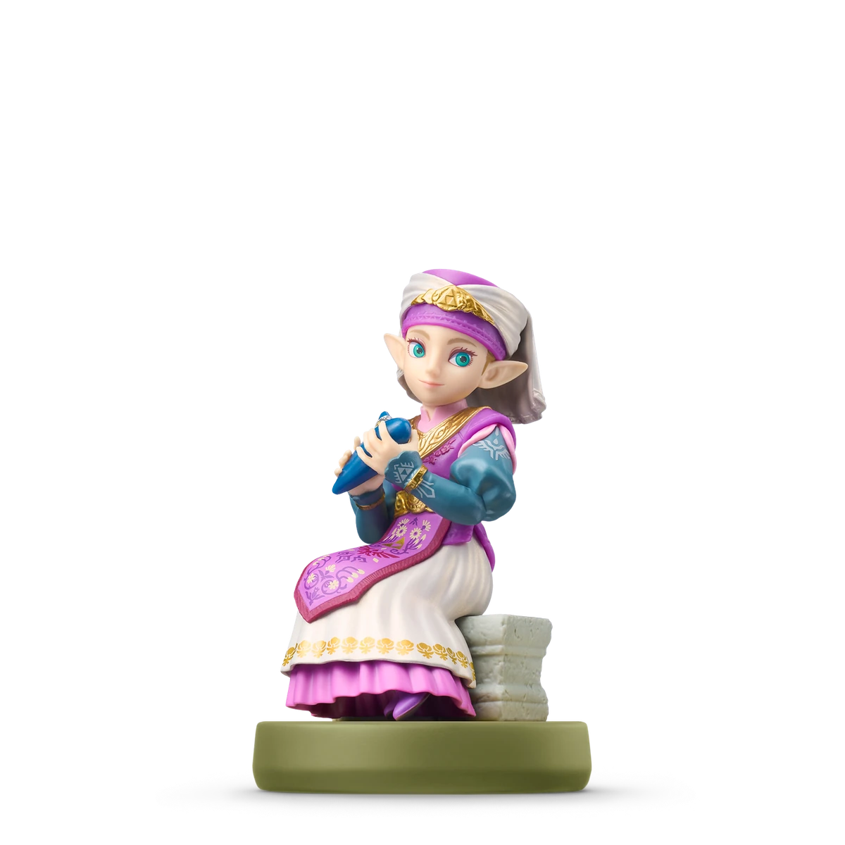 Young Zelda amiibo seated on a stone playing the ocarina