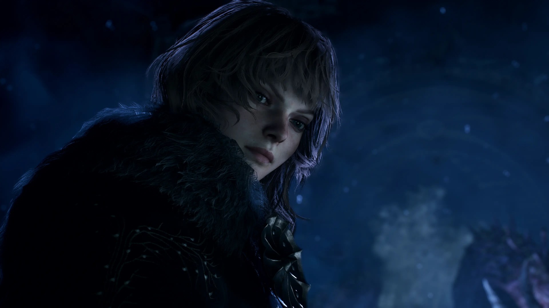 Eir, the new character in Dragon's Dogma 2 Dark Arisen, wrapped in a fur cloak in a dark, snowy cavern