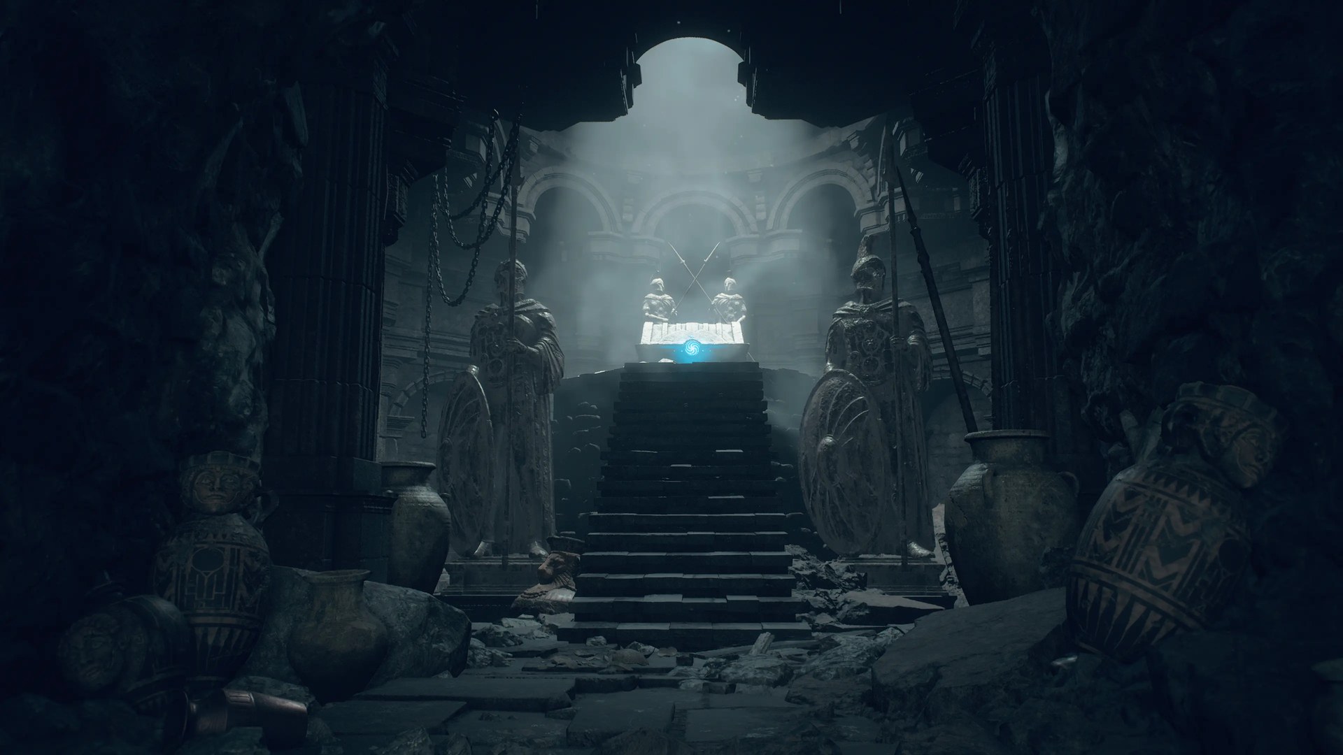A Lost Rites dungeon chamber in Dragon's Dogma 2 Dark Arisen, with stone guardian statues flanking stairs up to a glowing altar
