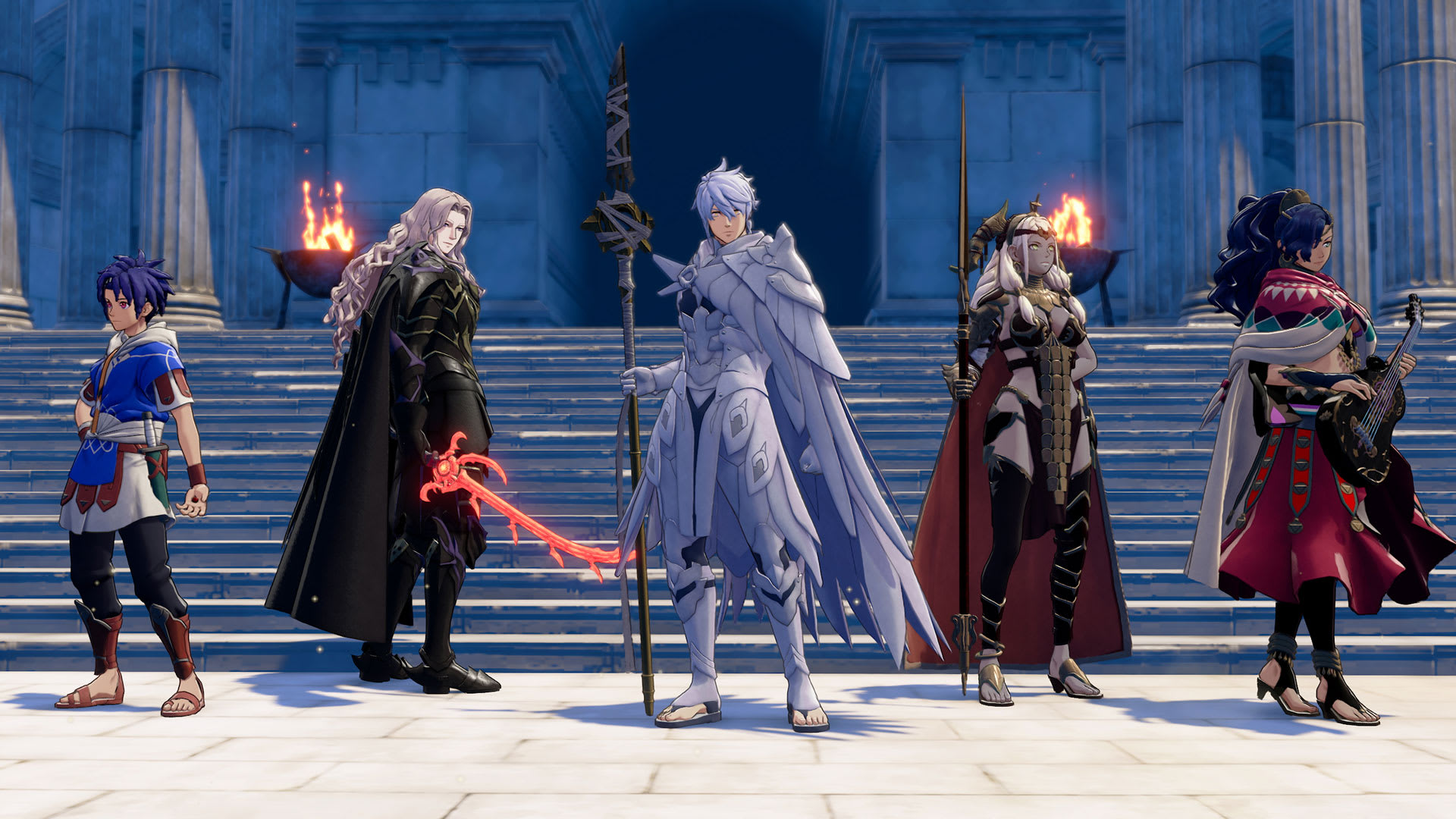 Five Fire Emblem: Fortune's Weave characters in armor and robes stand on the steps of a stone temple