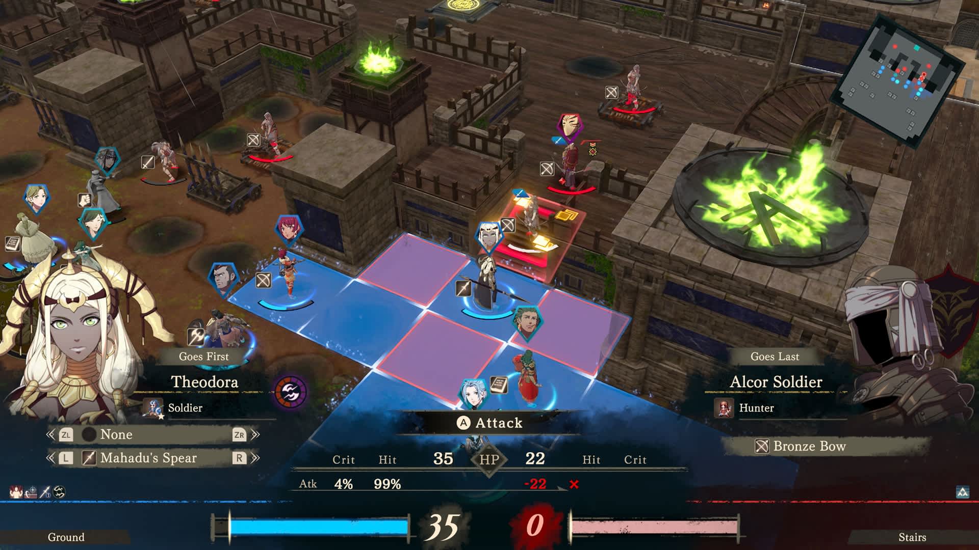 A tactical battle grid in Fire Emblem: Fortune's Weave with Theodora preparing to attack an enemy soldier