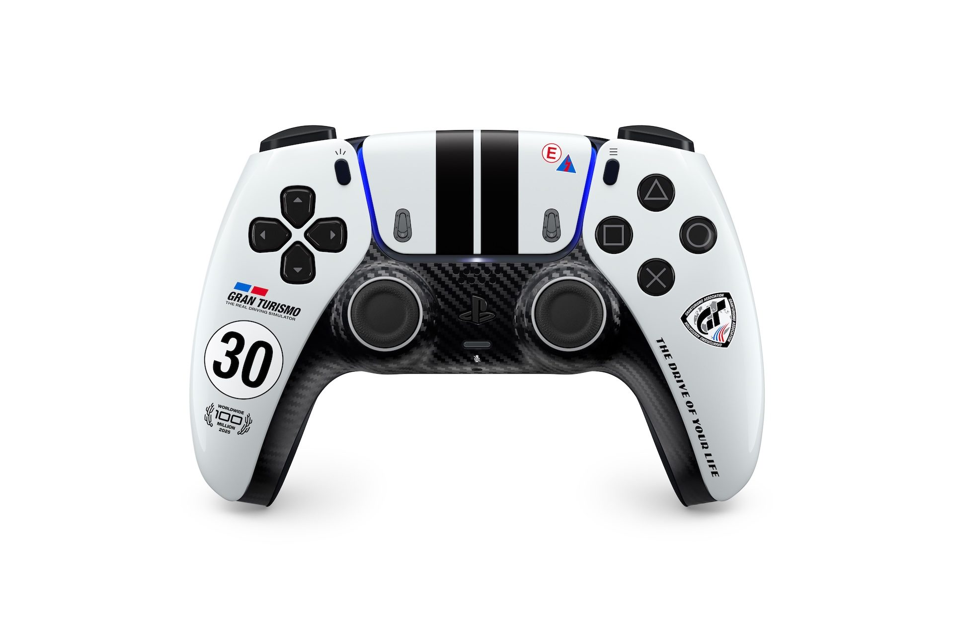 The DualSense Gran Turismo Limited Edition controller with racing stripes and a number 30 decal