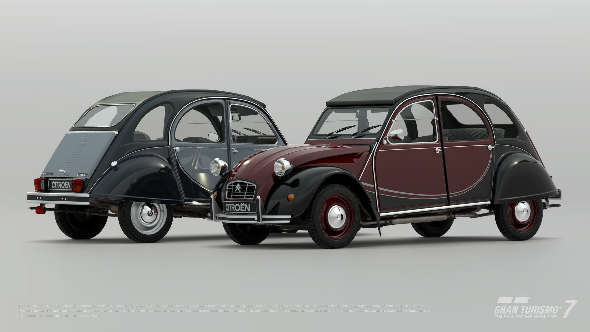 Two Citroen 2 CV 6 Charleston '86 cars parked together in Gran Turismo 7