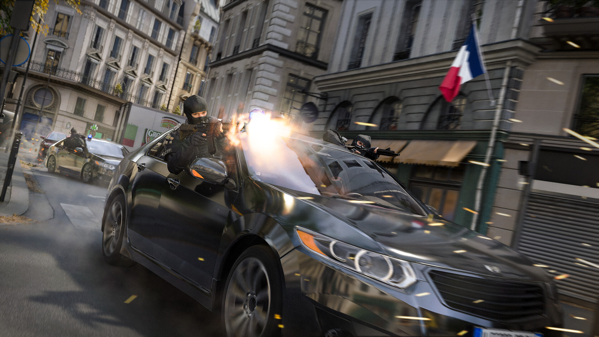 An armed operator fires from a car during a street chase in Paris in Call of Duty: Modern Warfare 4
