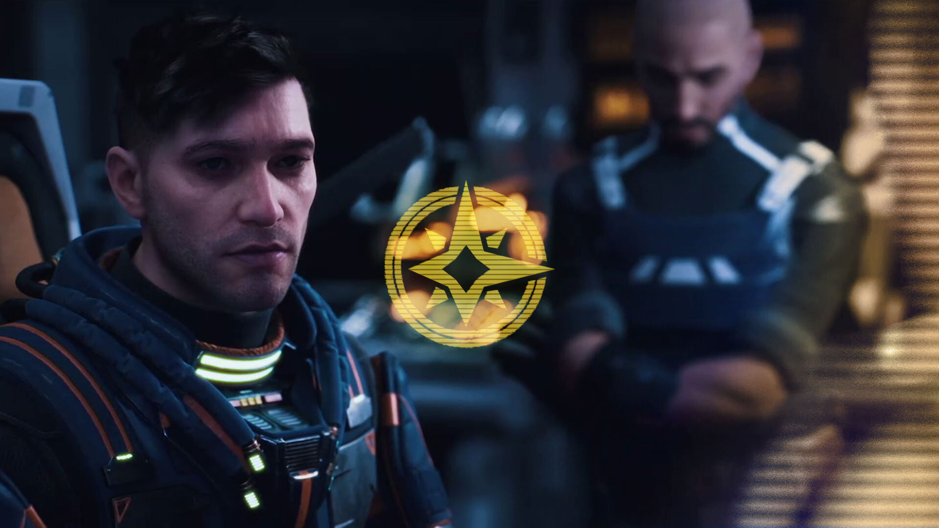 MechWarrior 5 Ashes and Ascension cutscene showing a MechWarrior pilot in a flight suit beside a crewmate, with a gold faction emblem overlaid