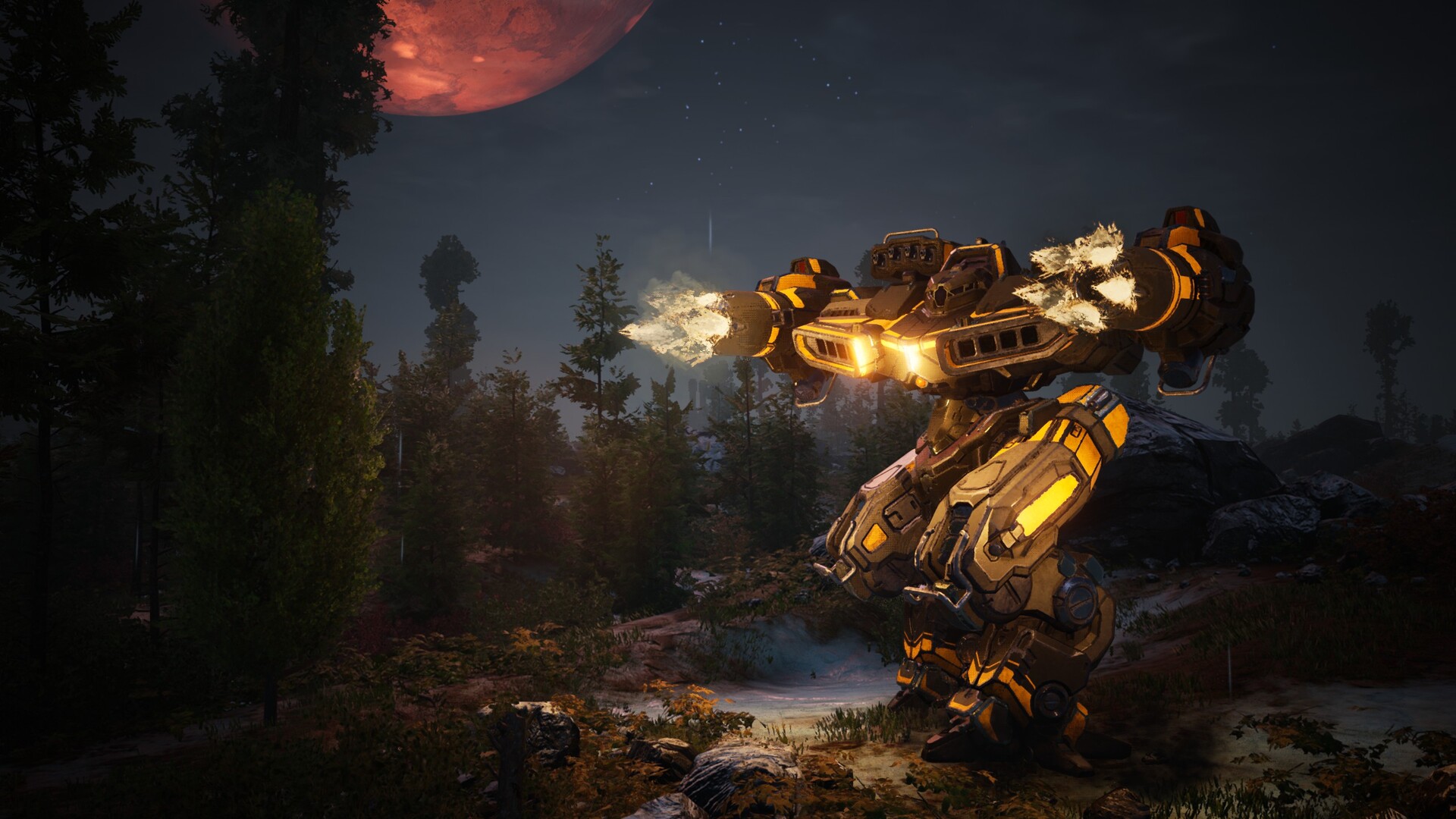 A yellow and black BattleMech fires its arm weapons in a pine forest at night under a red moon in MechWarrior 5 Ashes and Ascension