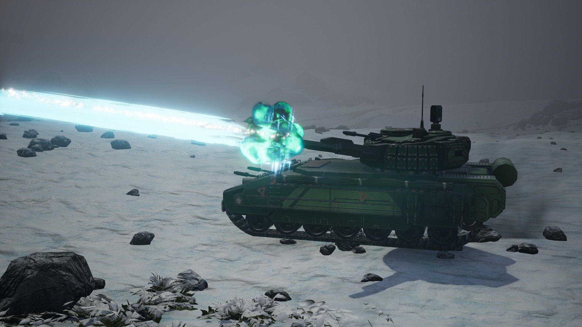 A green tank takes a blue laser hit on a snowy plain in MechWarrior 5 Mercenaries