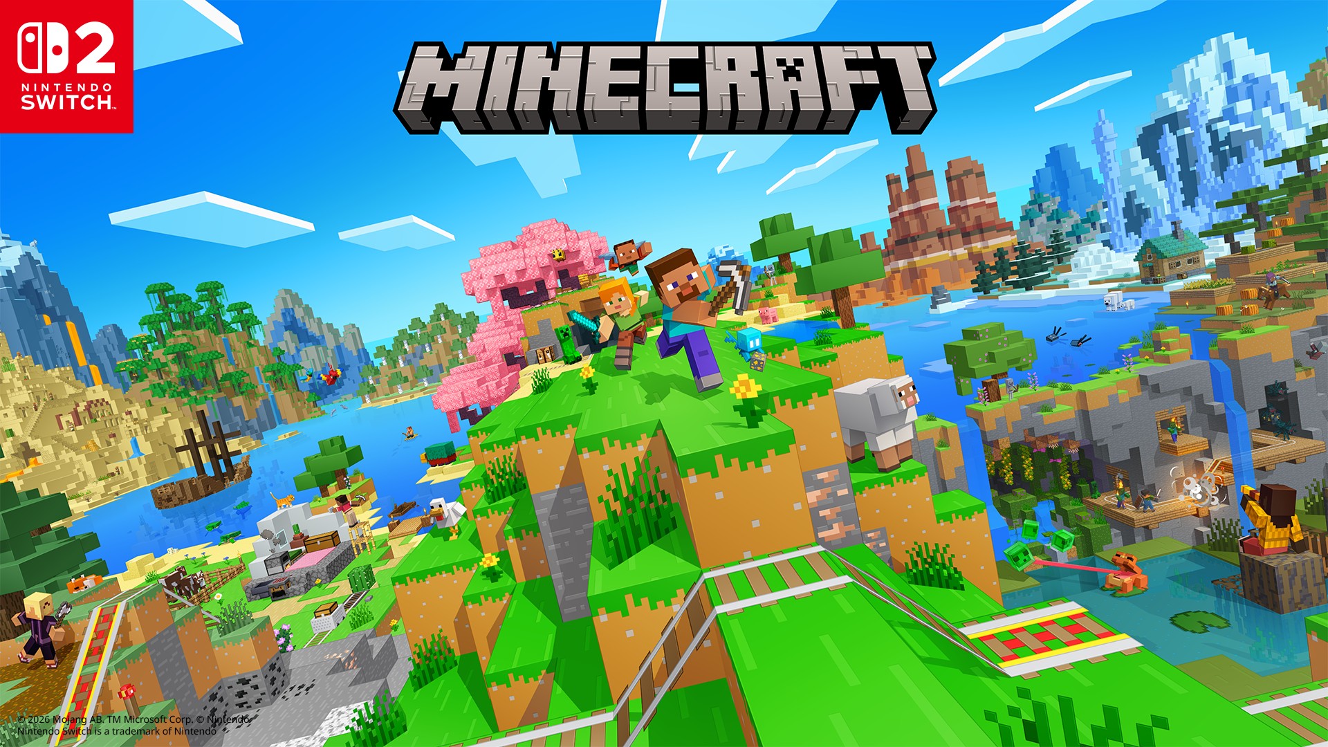 Minecraft for Nintendo Switch 2 key art with Steve and Alex exploring a blocky world.