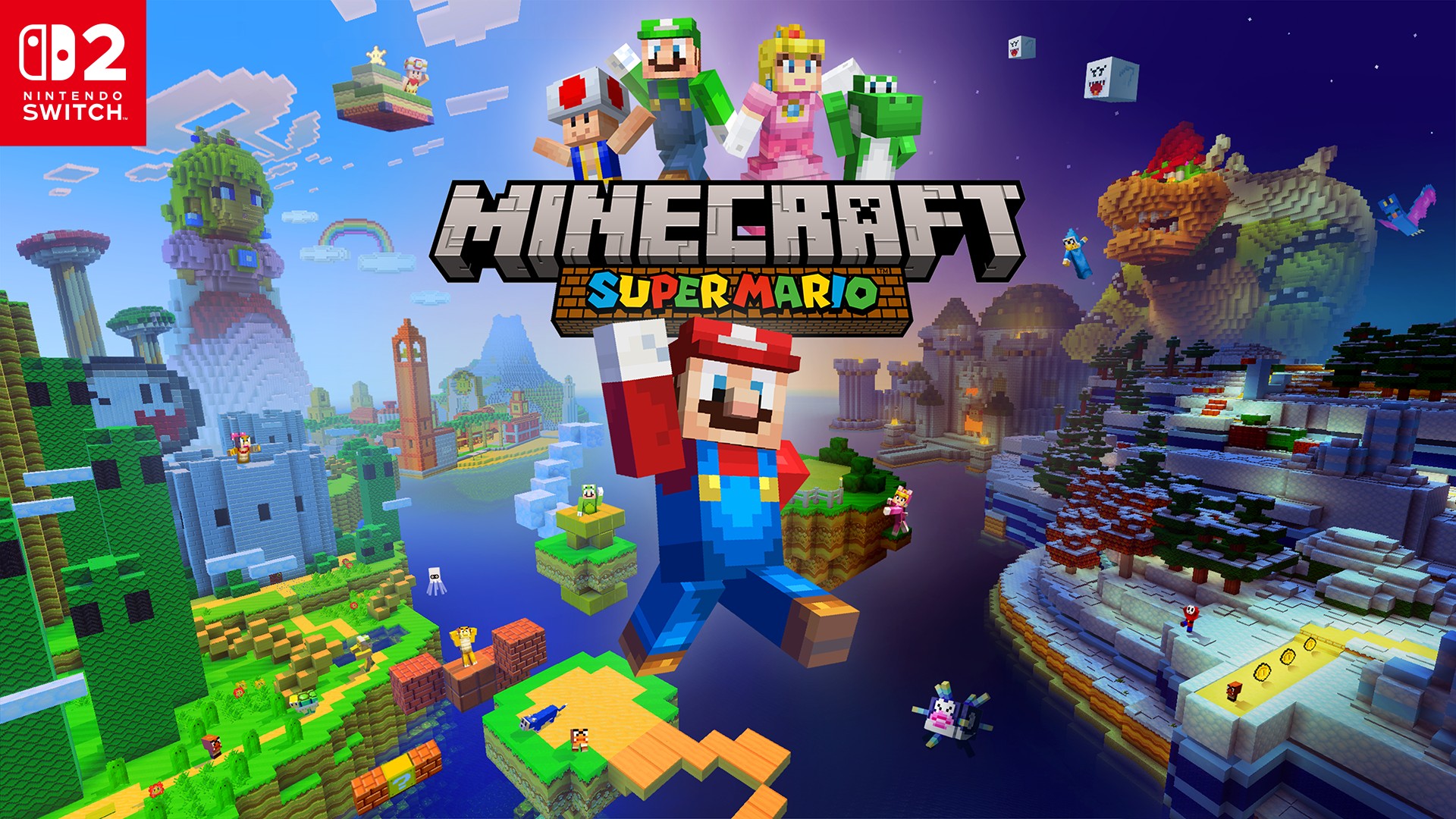 Minecraft Super Mario Mash-Up key art for Nintendo Switch 2 with Mario, Luigi, Peach, Toad, and Yoshi