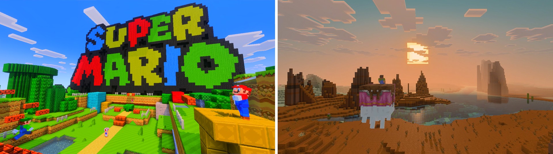 Two Minecraft for Nintendo Switch 2 screenshots: the Super Mario Mash-Up world and a badlands sunset with Vibrant Visuals