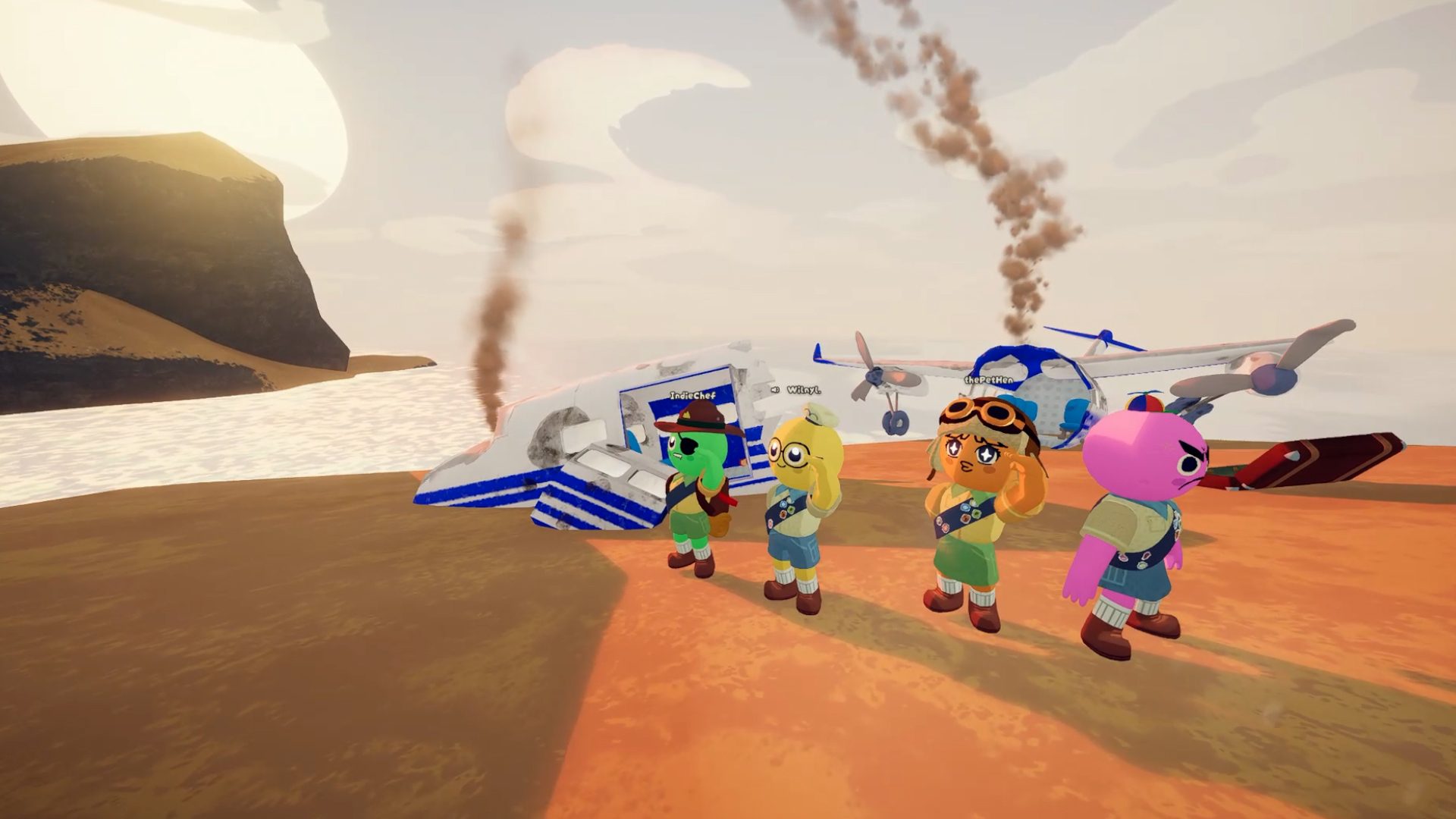 Four PEAK scouts stand on a beach next to their crashed plane with smoke rising in the background