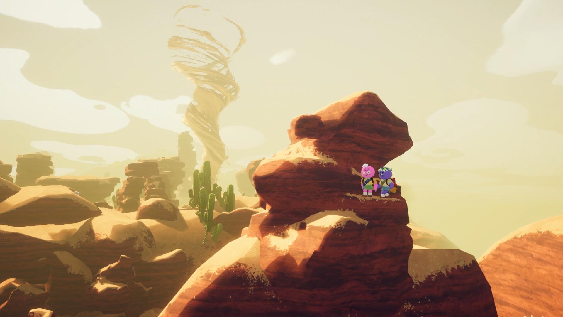 Two PEAK scouts perch on a desert rock formation as a tornado swirls in the distance