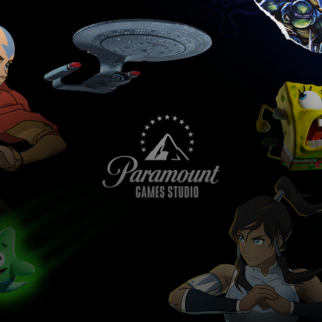 Paramount Games Studio key art with Aang, Korra, SpongeBob, the Starship Enterprise, and the Ninja Turtles, now grouped with Warner Bros. Games under Skydance