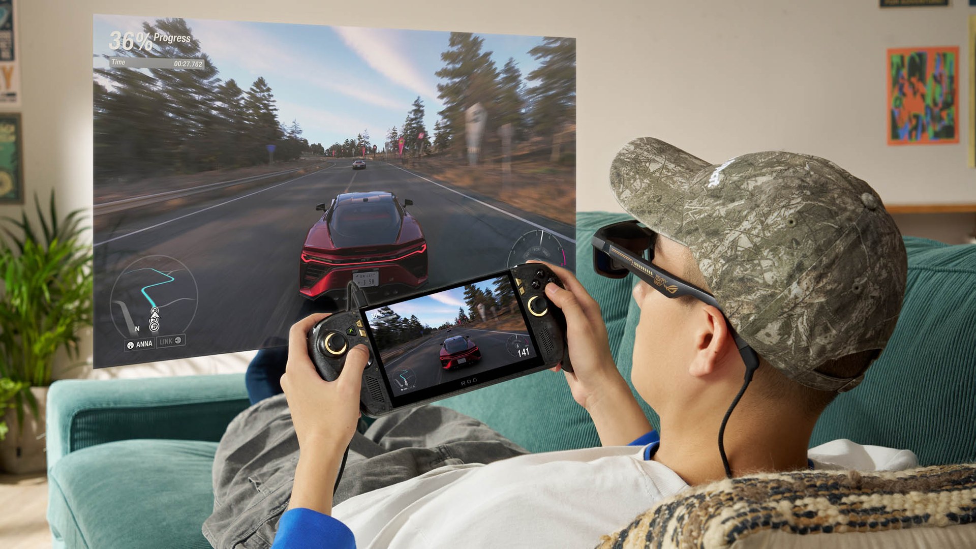 A player using the ROG Xbox Ally X20 with ROG XREAL AR glasses on a couch