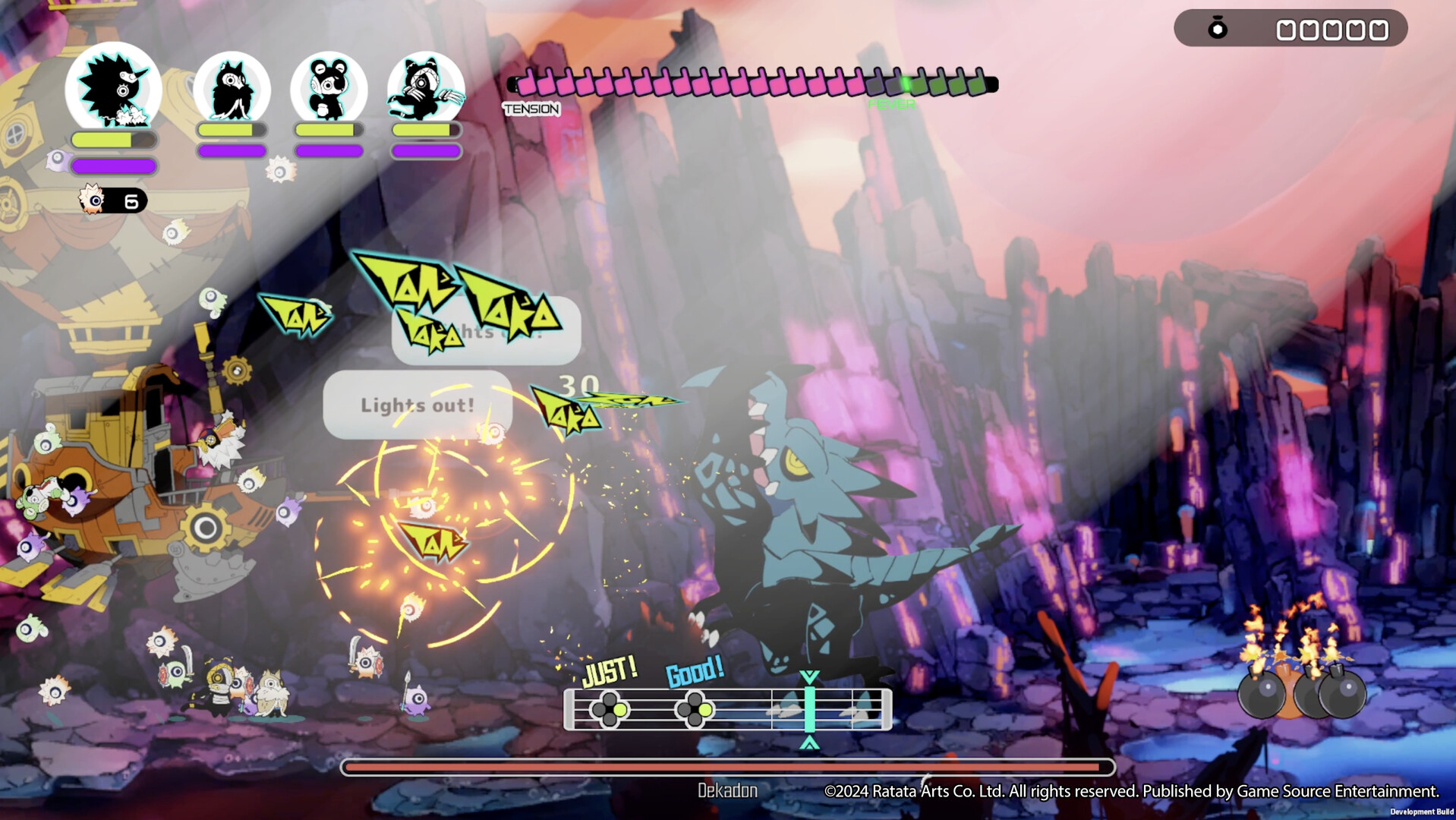 Rhythm prompts fly as a Ratatan squad battles a large dinosaur-like boss under a red sky in Ratatan