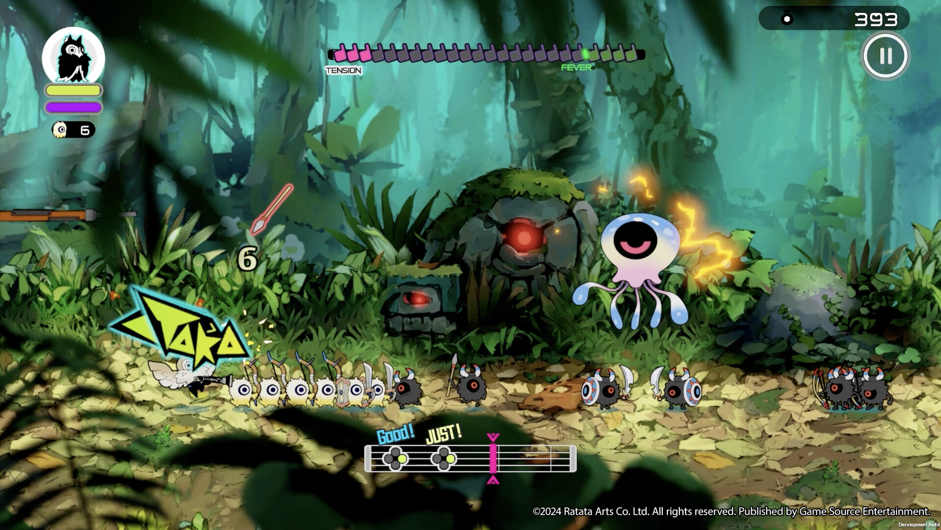 A Ratatan leads a line of Cobuns against masked enemies and a floating jellyfish creature in a jungle stage in Ratatan