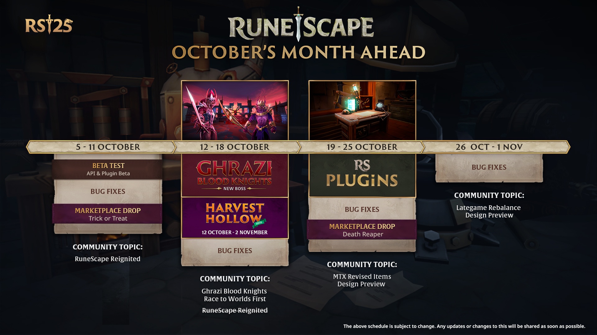 Jagex's October month-ahead graphic for RuneScape listing Harvest Hollow and RS Plugins