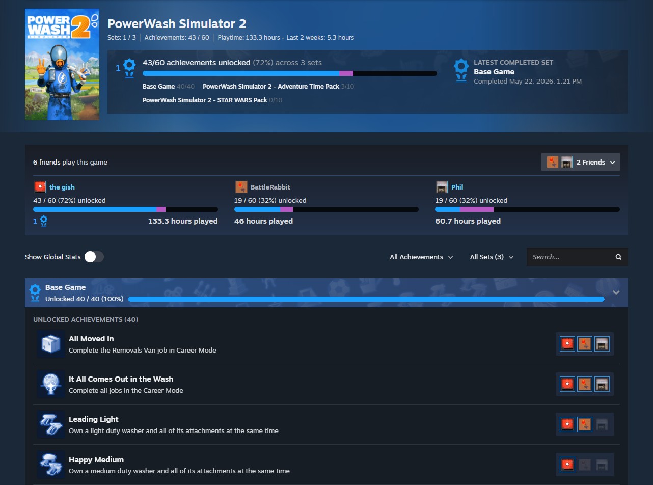 Steam's new friend comparison view for PowerWash Simulator 2 with three players' achievement progress side by side