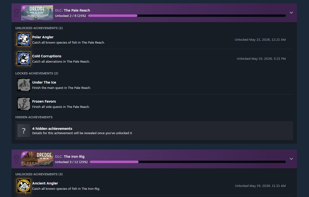 The new Steam achievements page showing DLC achievement sets for DREDGE expansions The Pale Reach and The Iron Rig