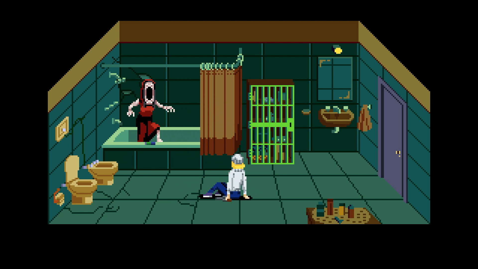 Pixel art bathroom where a red-clad figure looms over a fallen woman in Tenebris Somnia