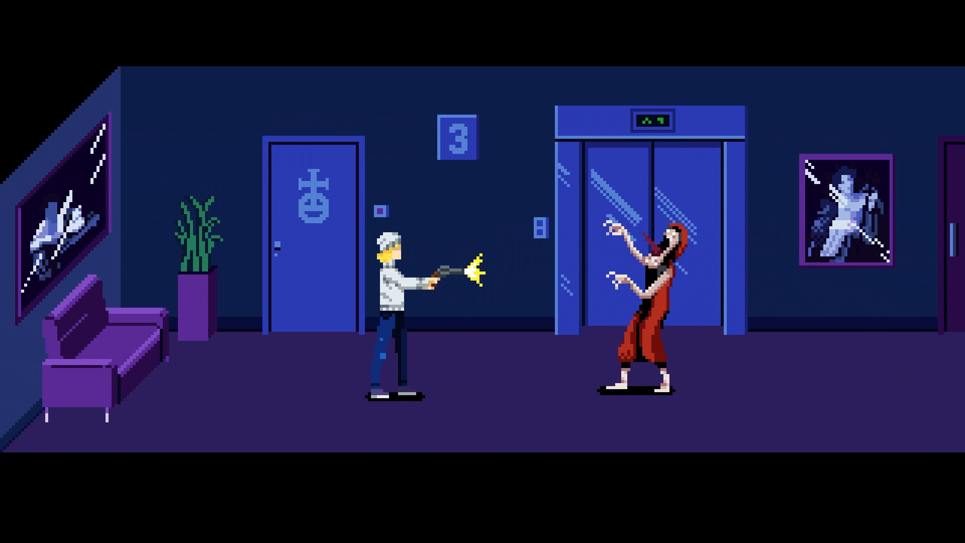 Pixel art apartment hallway where the player fires a pistol at a creature in Tenebris Somnia