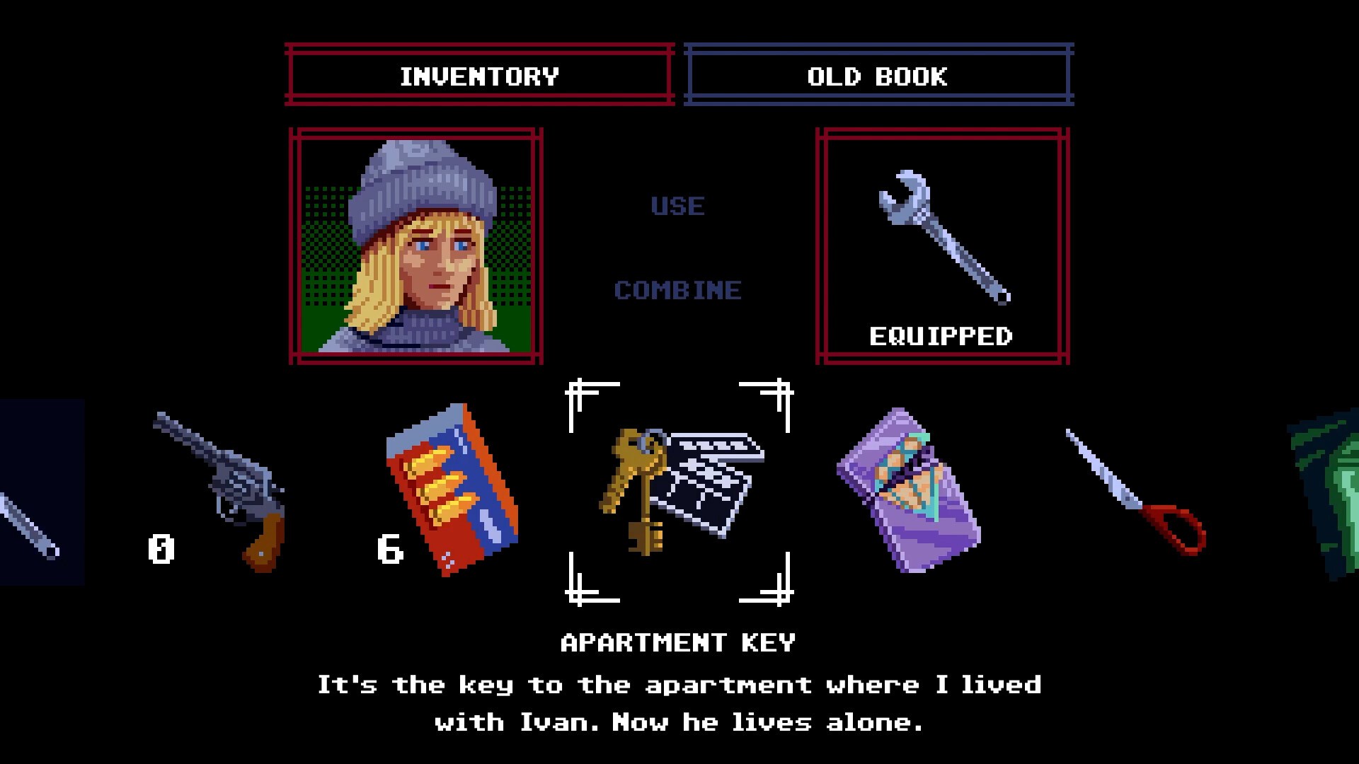 Tenebris Somnia inventory screen showing an apartment key, a revolver, and a wrench