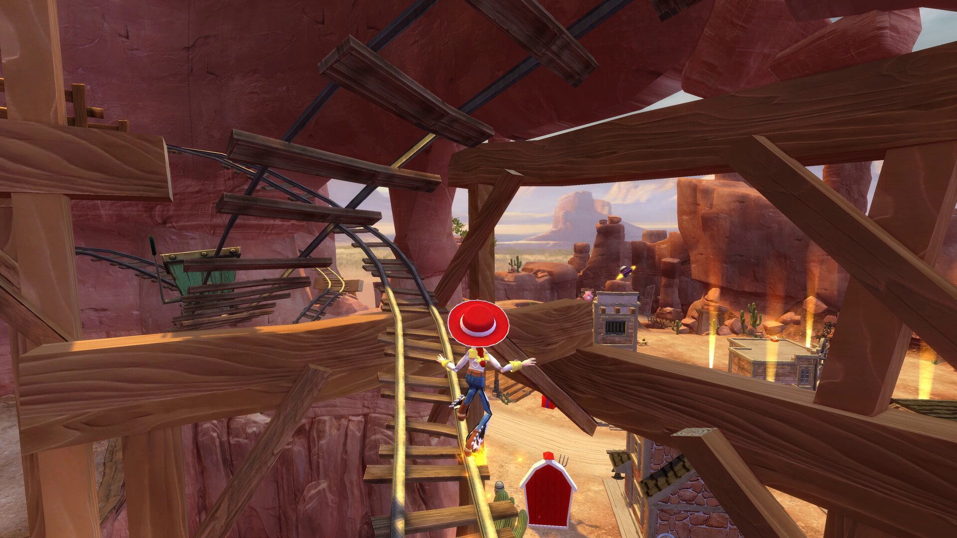 Woody rides a wooden track through a western canyon in Toy Story 3 Complete Edition
