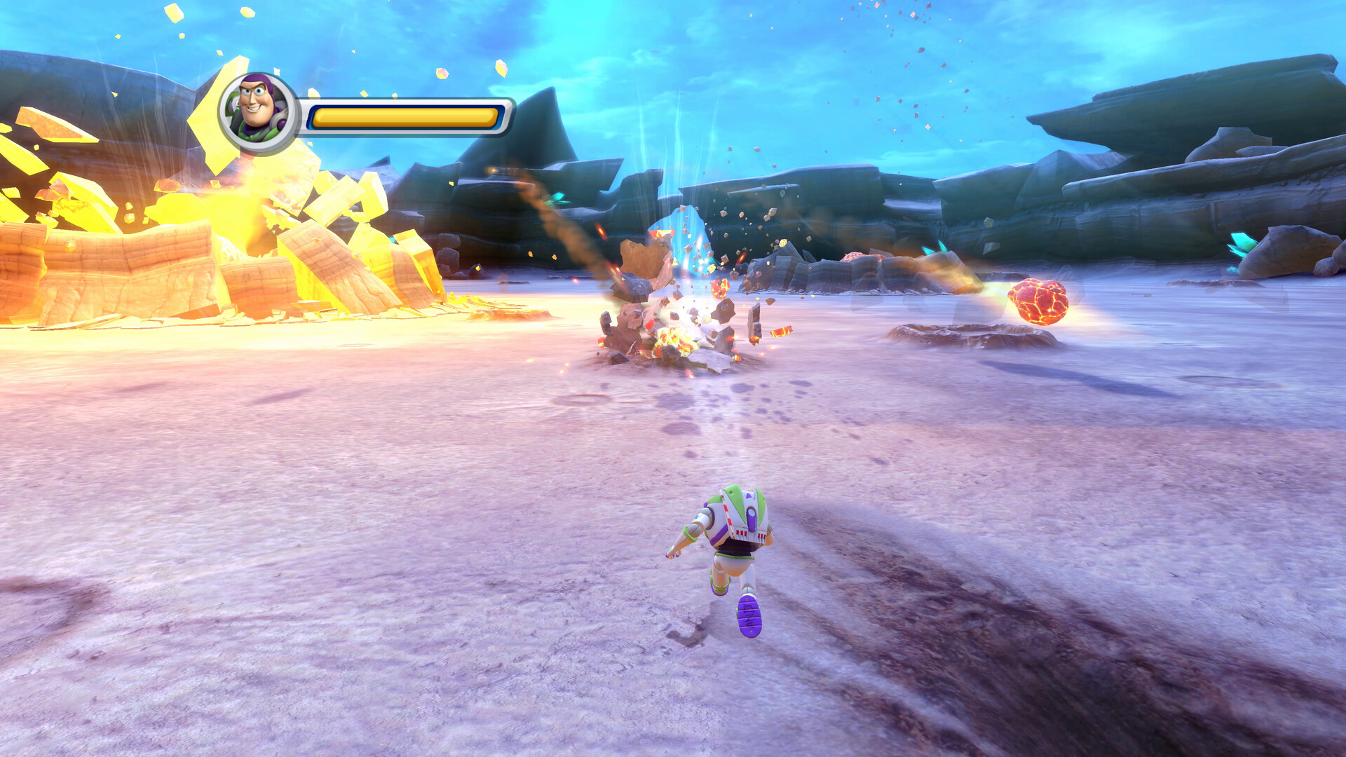 Buzz Lightyear dashes across a snowy battlefield in Toy Story 3 Complete Edition