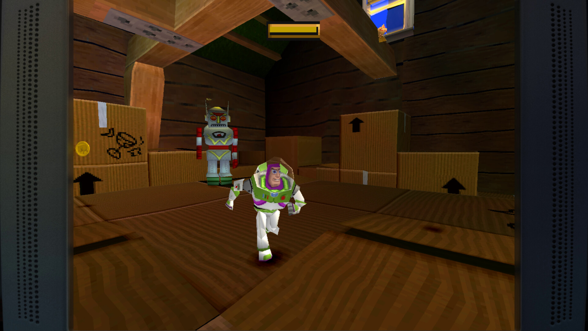 Buzz Lightyear runs through a wooden room toward a toy robot in Toy Story 2: Buzz Lightyear to the Rescue! inside Toy Story Retro Roundup