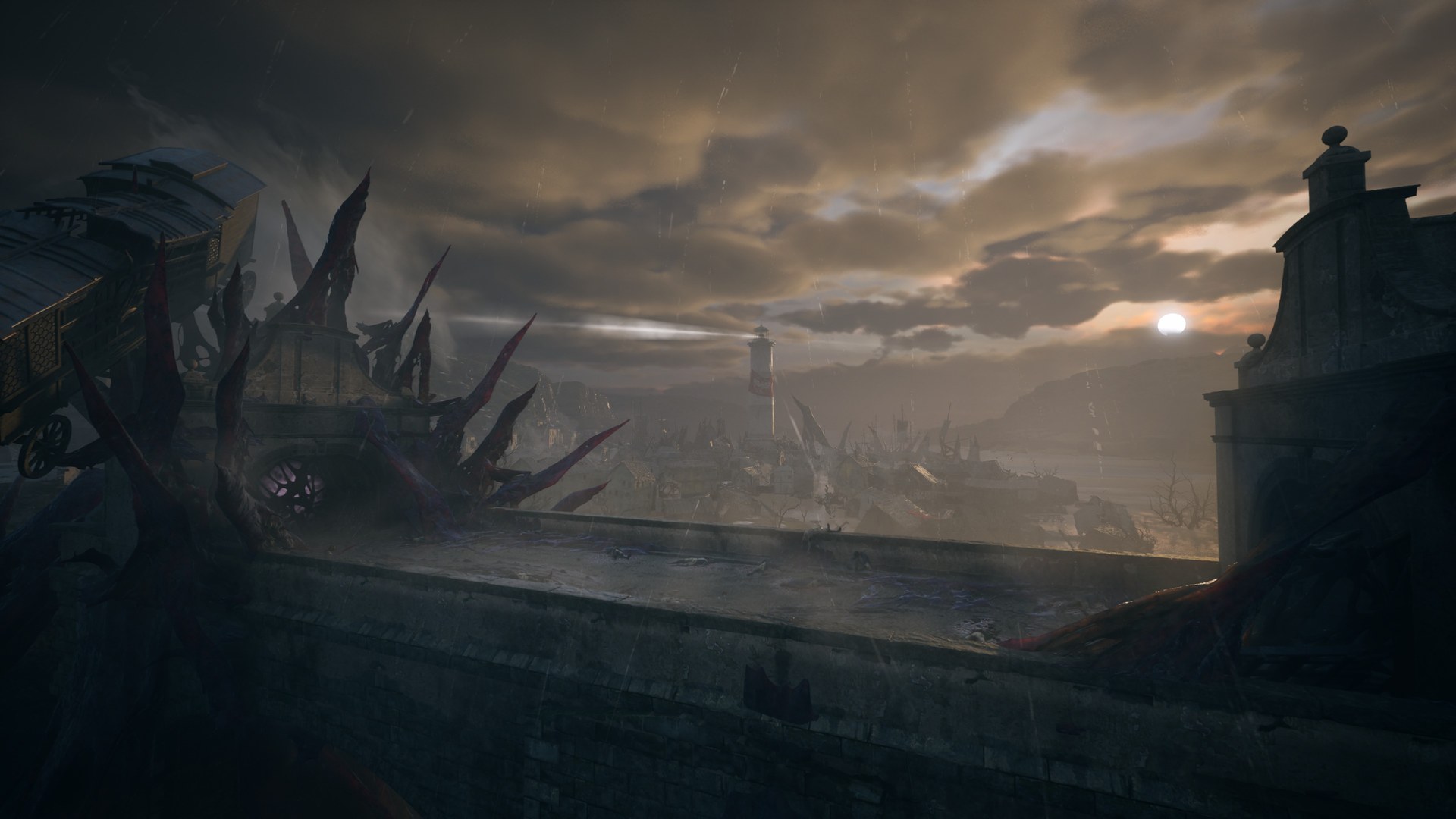 A dark coastline under a stormy sky in Valor Mortis.